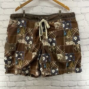 OP Swim Trunks Mens Sz 2XL Brown Drawstring Hawaiian Print
